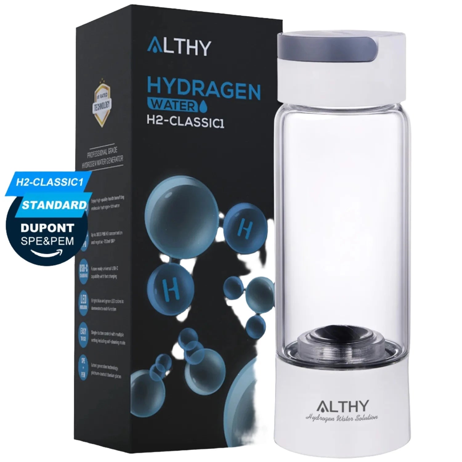 ALTHY Hydrogen Rich Water Generator Bottle - Glass Cupbody - DuPont SPE & PEM Dual Chamber Maker Ionizer - H2 Inhalation Device - Supersell