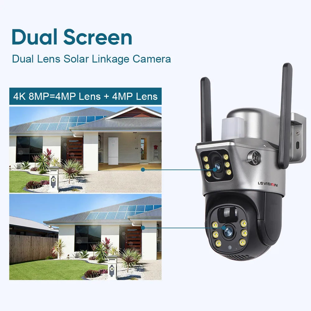 LS VISION 8MP 4G SIM Card Dual Screen Solar Camera Outdoor 4K WiFi PTZ Dual Lens Human Auto Tracking Waterproof Security Cameras - Supersell